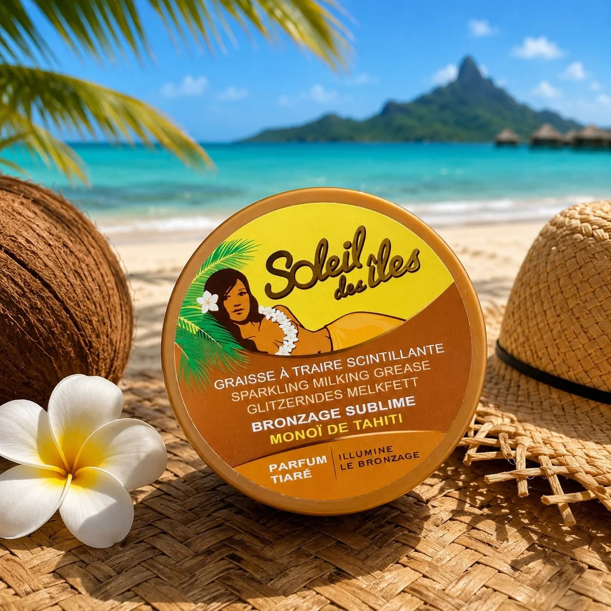 Soleil des Îles – Graisse à Traire Scintillante Bronzage Sublime, Parfum Tiaré